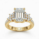 Yellow Gold Emerald Cut Engagement Ring With Floral Diamond Cluster Sides And Pavé Band