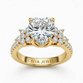 Yellow Gold Heart Cut Engagement Ring With Floral Diamond Cluster Sides And Pavé Band