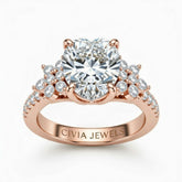 Rose Gold Heart Cut Engagement Ring With Floral Diamond Cluster Sides And Pavé Band