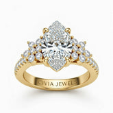 Yellow Gold Marquise Cut Engagement Ring With Floral Diamond Cluster Sides And Pavé Band