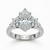 Silver Marquise Cut Engagement Ring With Floral Diamond Cluster Sides And Pavé Band