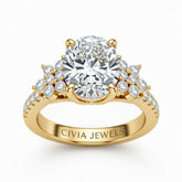 Yellow Gold Oval Cut Engagement Ring With Floral Diamond Cluster Sides And Pavé Band