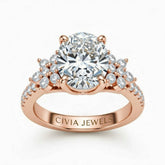 Rose Gold Oval Cut Engagement Ring With Floral Diamond Cluster Sides And Pavé Band