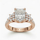 Rose Gold Princess Cut Engagement Ring With Floral Diamond Cluster Sides And Pavé Band