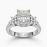 White Gold Princess Cut Engagement Ring With Floral Diamond Cluster Sides And Pavé Band