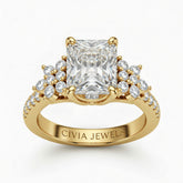 Yellow Gold Princess Cut Engagement Ring With Floral Diamond Cluster Sides And Pavé Band