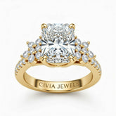 Yellow Gold Radiant Cut Engagement Ring With Floral Diamond Cluster Sides And Pavé Band