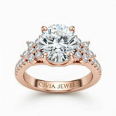 Rose Gold Round Cut Engagement Ring With Floral Diamond Cluster Sides And Pavé Band