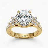 Yellow Gold Round Cut Engagement Ring With Floral Diamond Cluster Sides And Pavé Band