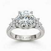 Silver Round Cut Engagement Ring With Floral Diamond Cluster Sides And Pavé Band