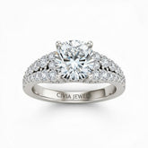 Silver Cushion Cut Solitaire Engagement Ring With Pavé Diamond Band And Classic Four-Prong Setting