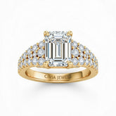 Yellow Gold Emerald Cut Solitaire Engagement Ring With Pavé Diamond Band And Classic Four-Prong Setting