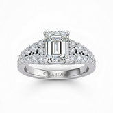 Silver Emerald Cut Solitaire Engagement Ring With Pavé Diamond Band And Classic Four-Prong Setting