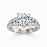 Silver Heart Cut Solitaire Engagement Ring With Pavé Diamond Band And Classic Four-Prong Setting