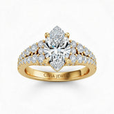 Yellow Gold Marquise Cut Solitaire Engagement Ring With Pavé Diamond Band And Classic Four-Prong Setting