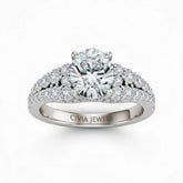 Silver Oval Cut Solitaire Engagement Ring With Pavé Diamond Band And Classic Four-Prong Setting