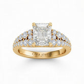 Yellow Gold Radiant Cut Solitaire Engagement Ring With Pavé Diamond Band And Classic Four-Prong Setting