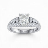 Silver Radiant Cut Solitaire Engagement Ring With Pavé Diamond Band And Classic Four-Prong Setting
