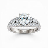 White Gold Round Cut Solitaire Engagement Ring With Pavé Diamond Band And Classic Four-Prong Setting