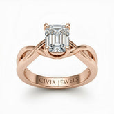 Rose Gold Emerald Diamond Solitaire Engagement Ring With Interwoven Twist Shank