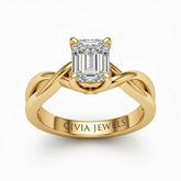 Yellow Gold Emerald Diamond Solitaire Engagement Ring With Interwoven Twist Shank
