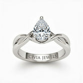 Silver Pear Diamond Solitaire Engagement Ring With Interwoven Twist Shank