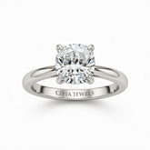 White Gold Cushion Cut Solitaire Engagement Ring with Sculpted Tapered Shank