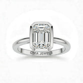 White Gold Emerald Cut Bezel Set Solitaire Engagement Ring with Polished Comfort Fit Band