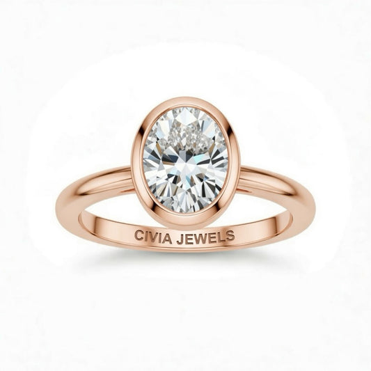 Rose Gold Oval Cut Bezel Set Solitaire Engagement Ring with Polished Comfort Fit Band