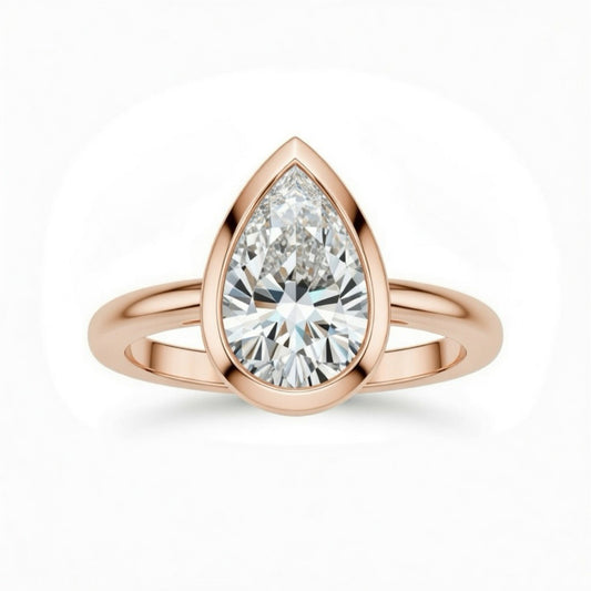 Rose Gold Pear Cut Bezel Set Solitaire Engagement Ring with Polished Comfort Fit Band