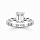 Silver Emerald Cut Solitaire Engagement Ring with Sculpted Tapered Shank