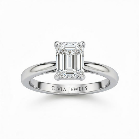 Silver Emerald Cut Solitaire Engagement Ring with Sculpted Tapered Shank