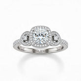 White Gold Cushion Brilliant Three Stone Halo Engagement Ring With Vintage Milgrain Detail