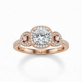 Rose Gold Cushion Brilliant Three Stone Halo Engagement Ring With Vintage Milgrain Detail