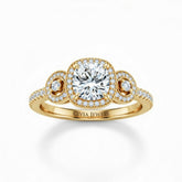 Yellow Gold Cushion Brilliant Three Stone Halo Engagement Ring With Vintage Milgrain Detail