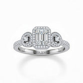 White Gold Emerald Brilliant Three Stone Halo Engagement Ring With Vintage Milgrain Detail