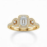 Yellow Gold Emerald Brilliant Three Stone Halo Engagement Ring With Vintage Milgrain Detail