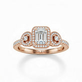 Rose Gold Emerald Brilliant Three Stone Halo Engagement Ring With Vintage Milgrain Detail