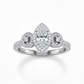 White Gold Marquise Brilliant Three Stone Halo Engagement Ring With Vintage Milgrain Detail