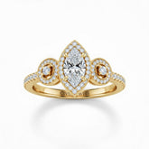 Yellow Gold Marquise Brilliant Three Stone Halo Engagement Ring With Vintage Milgrain Detail
