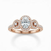 Rose Gold Oval Brilliant Three Stone Halo Engagement Ring With Vintage Milgrain Detail