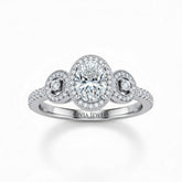 White Gold Oval Brilliant Three Stone Halo Engagement Ring With Vintage Milgrain Detail