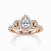 Rose Gold Pear Brilliant Three Stone Halo Engagement Ring With Vintage Milgrain Detail