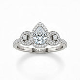 Silver Pear Brilliant Three Stone Halo Engagement Ring With Vintage Milgrain Detail
