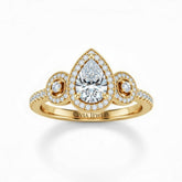 Yellow Gold Pear Brilliant Three Stone Halo Engagement Ring With Vintage Milgrain Detail