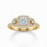 Yellow Gold Princess Brilliant Three Stone Halo Engagement Ring With Vintage Milgrain Detail