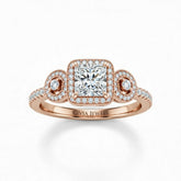 Rose Gold Princess Brilliant Three Stone Halo Engagement Ring With Vintage Milgrain Detail