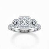White Gold Princess Brilliant Three Stone Halo Engagement Ring With Vintage Milgrain Detail