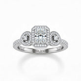 Silver Radiant Brilliant Three Stone Halo Engagement Ring With Vintage Milgrain Detail