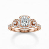 Rose Gold Radiant Brilliant Three Stone Halo Engagement Ring With Vintage Milgrain Detail